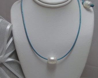 Floating Genuine Freshwater White Pearl on Leather  Beach Necklace