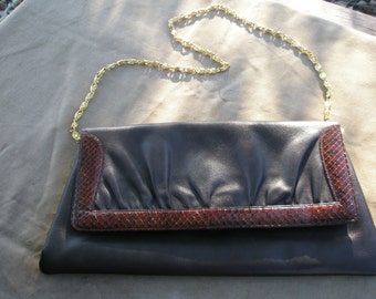 Vintage Brown Faux leather with Genuine Snakeskin trim Envelope clutch-shoulderbag