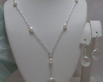 Genuine Coin Pearl Lariat necklace and earrings set (Pendant Drop) Bridal set