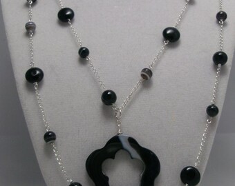 Genuine Agate and Sterling Silver Long 42 inch necklace with interchangeable pendants