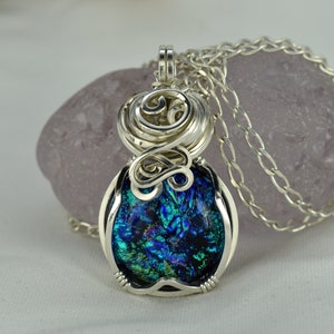Small Fused Dichroic Glass Necklace Pendant \u2013 Wire Wrap \u2013 Dichroic Jewellery \u2013 Rainbow Dichroic Silver Necklace Dichroic Glass Pendant