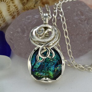 Small Fused Dichroic Glass Necklace Pendant \u2013 Wire Wrap \u2013 Dichroic Jewellery \u2013 Rainbow Dichroic Silver Necklace Dichroic Glass Pendant