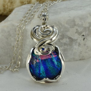 Small Fused Dichroic Glass Necklace Pendant \u2013 Wire Wrap \u2013 Dichroic Jewellery \u2013 Rainbow Dichroic Silver Necklace Dichroic Glass Pendant