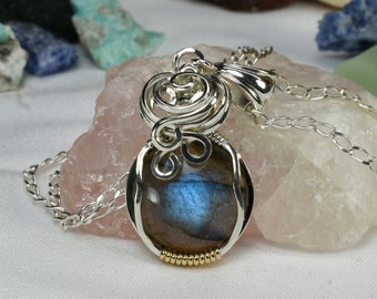 Blue Labradorite Necklace - Labradorite Pendant - Labradorite Jewelry - Sterling Silver - Spectrolite - Wire Wrapped - Blue Gemstone