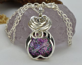 Dichroic Glass Necklace – Small Fused Glass Pendant Necklace – Dichroic Jewellery – Wire Wrap – Rainbow Silver Necklace – Dichroic Jewelry