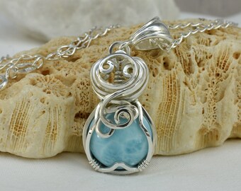 Larimar Pendant Necklace - Handcrafted Small Blue Stone, Something Blue Wedding, Caribbean Larimar Jewelry, Wire Wrapped Gemstone