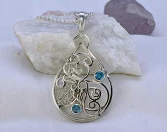 Topaz Necklace - Swiss Blue Topaz - Silver Filigree - Blue Gemstone - Sterling Silver - Fine Silver -  Topaz Jewellery - Swirl Necklace