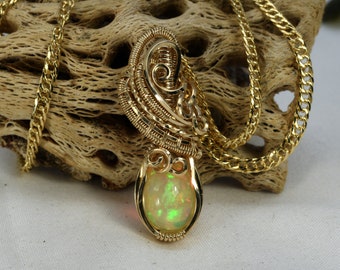 Opal Necklace - Wire Wrapped Ethiopian Opal Jewellery - October Birthstone - Ethiopian Welo Opal - Floral Boho Necklace - Gold - Goddess