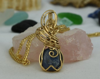 Kyanite Necklace – Wire Wrapped Blue Kyanite Jewellery – Gold Jewelry 14 20 - Healing Crystal - Something Blue