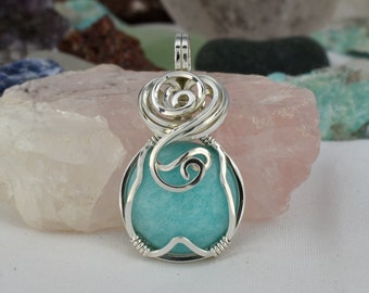 Amazonite Necklace - Small Blue Stone Pendant Necklace - Amazonite Jewellery - Wire Wrap - Sterling Silver - Teal Blue Pendant