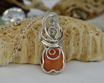 Carnelian Necklace - Wire Wrapped Carnelian Jewellery - Red Orange Healing Stone - Sterling Silver Swirls - Floral Boho Necklace - For Her