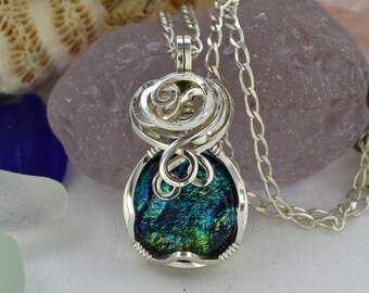 Dichroic Glass Pendant -   Small Fused Dichroic Glass Necklace Pendant – Wire Wrap – Dichroic Jewellery – Rainbow Dichroic Silver Necklace