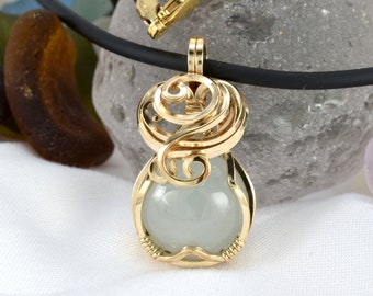 Aquamarine Necklace - Small Aquamarine Pendant Necklace - Wire Wrap - Aquamarine Jewellery -  Gold Stone Necklace - Blue Green - Gold - Blue