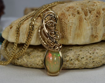 Ethiopian Opal Necklace - Wire Wrapped Opal Jewellery - October Birthstone - Ethiopian Welo Opal - Floral Boho Necklace - Gold Filled