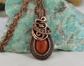 Red Jasper Necklace – Wire Wrapped Jasper Jewellery – Antiqued Copper Pendant – Small Dainty Petite - Healing Necklace – Red Jasper - Woven