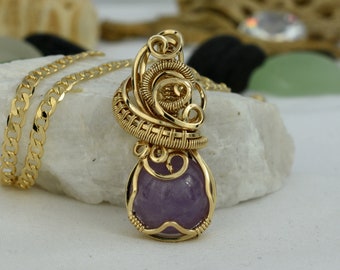 Lavender Cape Amethyst Necklace – Wire Wrapped Amethyst Jewellery – February Birthstone - Gold Jewelry 14 20 - Lavender Purple Gold Necklace