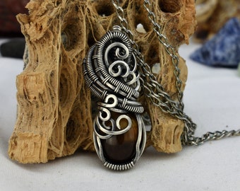 Tigers Eye Pendant – Wire Wrapped Tigers Eye Jewellery - Gothic Necklace – Woven Wire Jewelry –  Blackened Oxidized Sterling Silver - Tiger