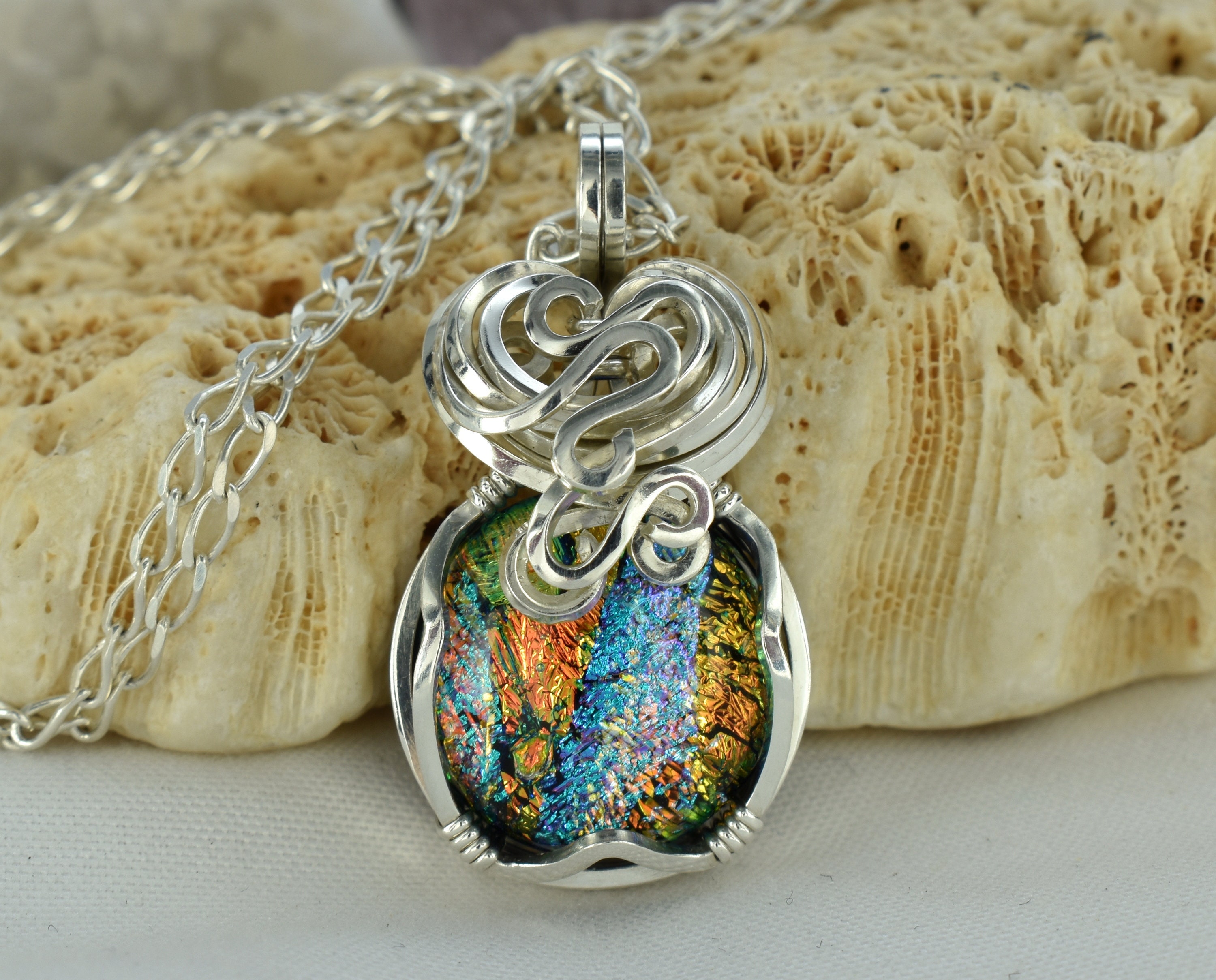 Small Fused Dichroic Glass Necklace Pendant \u2013 Wire Wrap \u2013 Dichroic Jewellery \u2013 Rainbow Dichroic Silver Necklace Dichroic Glass Pendant