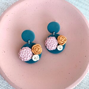 LORI in Teal with Flowers | Polymer Clay Earrings | Statement Earrings