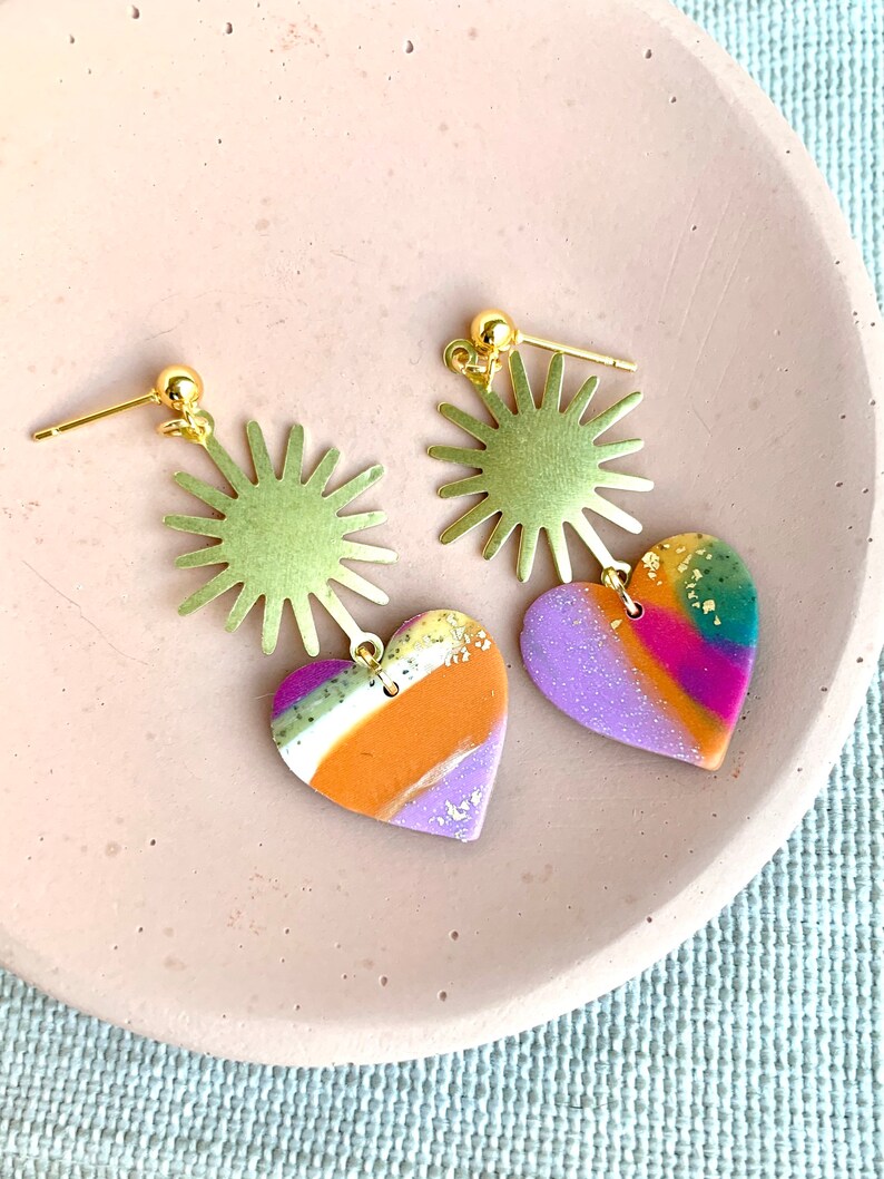 Polymer Clay Earrings Statement Earrings MARY in Multi Color and Gold Sunbursts
