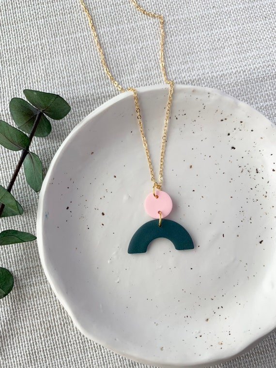 Teal Pink Arch Necklace Polymer Clay Necklace Statement