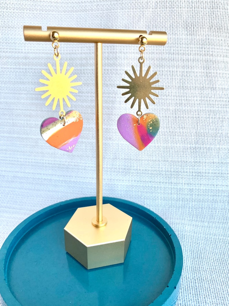 Polymer Clay Earrings Statement Earrings MARY in Multi Color and Gold Sunbursts