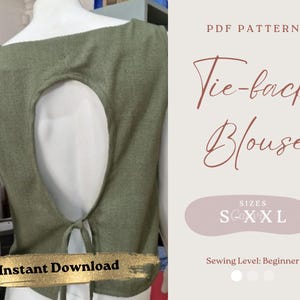 May include: PDF pattern for a tie-back blouse with a keyhole back. The pattern includes sizes S, M, L, XL, and XXL. Sewing level: Beginner. Instant download.