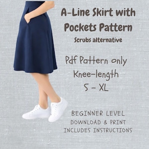 Może przedstawiać: Wzór spódnicy w kształcie litery A z kieszeniami, długość do kolan, rozmiary S-XL. Granatowa spódnica jest pokazana z białymi trampkami. Tekst na zdjęciu mówi "Scrubs alternative", "Poziom początkujący" i "Pobierz i wydrukuj, zawiera instrukcje".