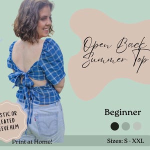 Patrón de blusa de verano: mangas abullonadas, espalda abierta con detalle de lazo (patrón PDF, tallas S-XL)