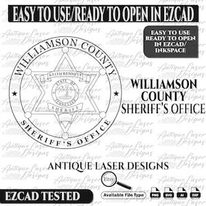 May include: Black and white line art design of a sheriff's badge with a five-pointed star and the words "Williamson County Sheriff's Office". The badge also includes the words "Keith Bennett, State of Tennessee, Sheriff".