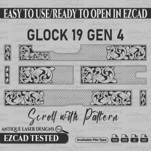 Glock 19 gen 4 engraving scroll with pattern design svg, slide pattern, vector design, scroll design, metalart, lasercut, glock, gun, pistol