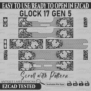 Puede incluir: Una descarga digital de un diseño de patrón de desplazamiento para una empuñadura de pistola Glock 17 Gen 5. El diseño presenta un patrón floral en blanco y negro con un diseño de desplazamiento. La imagen incluye el texto "Scroll with Pattern" y "EZCAD TESTED".