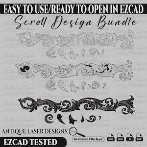 May include: A set of three black and white scroll designs for laser cutting. The designs are in the style of antique scrollwork and include a variety of flourishes and details. The text "Scroll Design Bundle" is at the top of the image. The text "ANTIQUE LASER DESIGNS" is at the bottom of the image. The text "EZCAD TESTED" is at the bottom of the image. The text "Available File Type" is at the bottom of the image. The text "PNG SVG AI DXF" is at the bottom of the image.