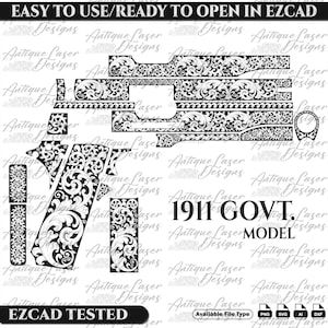 May include: A black and white digital design file for a 1911 GOVT. MODEL pistol with a floral pattern. The file is available in PNG, SVG, AI, and DXF formats. EZCAD TESTED.