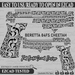 File in formato svg con motivo a pergamena raffigurante un ghepardo della Beretta 84 FS, file per taglio laser in fibra raffigurante un ghepardo della Beretta 84 FS, file per incisione laser raffigurante un ghepardo della Beretta 84 FS.