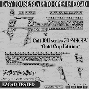 Puede incluir: Diseño de corte láser en blanco y negro para un arma de fuego Colt 1911 serie 70 MK IV "Gold Cup Edition". El diseño incluye intrincados patrones florales y de desplazamiento, con el texto "EASY TO USE/READY TO OPEN IN EZCAD".