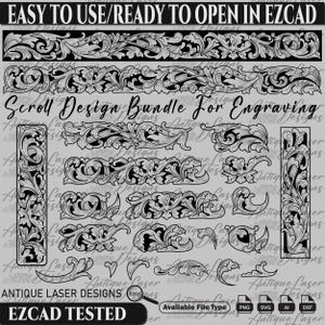 Può includere: Un set di 14 disegni a scorrimento in bianco e nero per l'incisione. I disegni sono intricati e dettagliati, con motivi floreali. Il testo "Scroll Design Bundle For Engraving" è nella parte superiore dell'immagine. Il testo "EZCAD TESTED" è nella parte inferiore dell'immagine. Il testo "Available File Type" è sotto il testo "EZCAD TESTED". Il testo "PNG, SVG, AI, DXF" è sotto il testo "Available File Type".