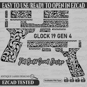 Diseño de pergamino para Glock 19 gen 4 en formato SVG, Glock 19 gen4 SVG, vector de Glock 19, Glock 19 gen4, accesorios para armas de fuego, grabado personalizado, empuñaduras personalizadas.