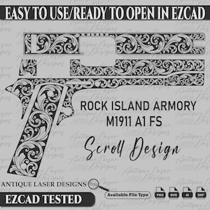 May include: A black and white digital design of a gun with a scroll design. The design is for a Rock Island Armory M1911 A1 FS. The design is available in PNG, SVG, AI, and DXF file formats.