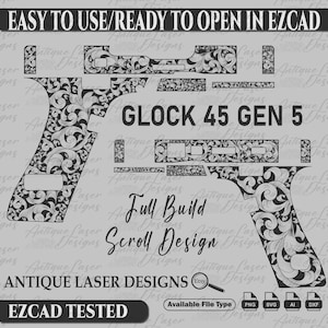 Diseño de pergamino grabado SVG para Glock 45 gen 5, diseño de corredera personalizado para Glock, empuñaduras personalizadas, diseño de pergamino, arte en metal, diseño vectorial, personalizado, láser.