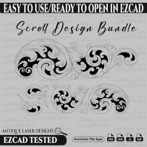 May include: A set of three black and white scroll designs. The designs are intricate and detailed, and they would be perfect for use in a variety of projects, such as scrapbooking, card making, or home decor. The text "Scroll Design Bundle" is at the top of the image. The text "EASY TO USE/READY TO OPEN IN EZCAD" is at the top of the image. The text "ANTIQUE LASER DESIGNS" is at the bottom of the image. The text "EZCAD TESTED" is at the bottom of the image. The text "Available File Type PNG SVG AI DXF" is at the bottom of the image.