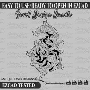 May include: A black and white scroll design with intricate details. The design is ready to be opened in EZCAD software. The text "Scroll Design Bundle" is at the top of the image. The text "Antique Laser Designs" is at the bottom of the image. The text "EZCAD TESTED" is at the bottom of the image. The text "Available File Type" is at the bottom of the image. The text "PNG, SVG, AI, DXF" is at the bottom of the image.