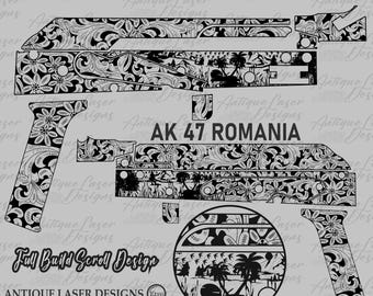 Diseño de pergamino AK 47 SVG, diseño de pergamino Ak 47 Rumania SVG, archivos de corte por láser de fibra Ak 47, archivos láser personalizados Ak 47, archivos de grabado Ak 47.