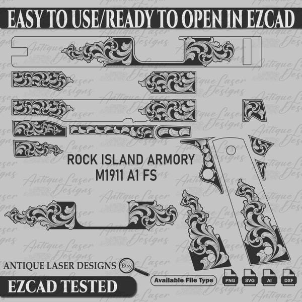 Rock Island Armory M1911 A1 FS Laser Engraving Scroll Design SVG, RIA M1911 A1 design carrello personalizzato, impugnature personalizzate, design scroll, vettore, Ria
