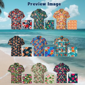Puede incluir: Nueve camisas hawaianas diferentes con varios patrones florales tropicales y la cara de una persona repetida en todo el dise&ntilde;o. Cada camisa se muestra con una muestra de tela a juego.