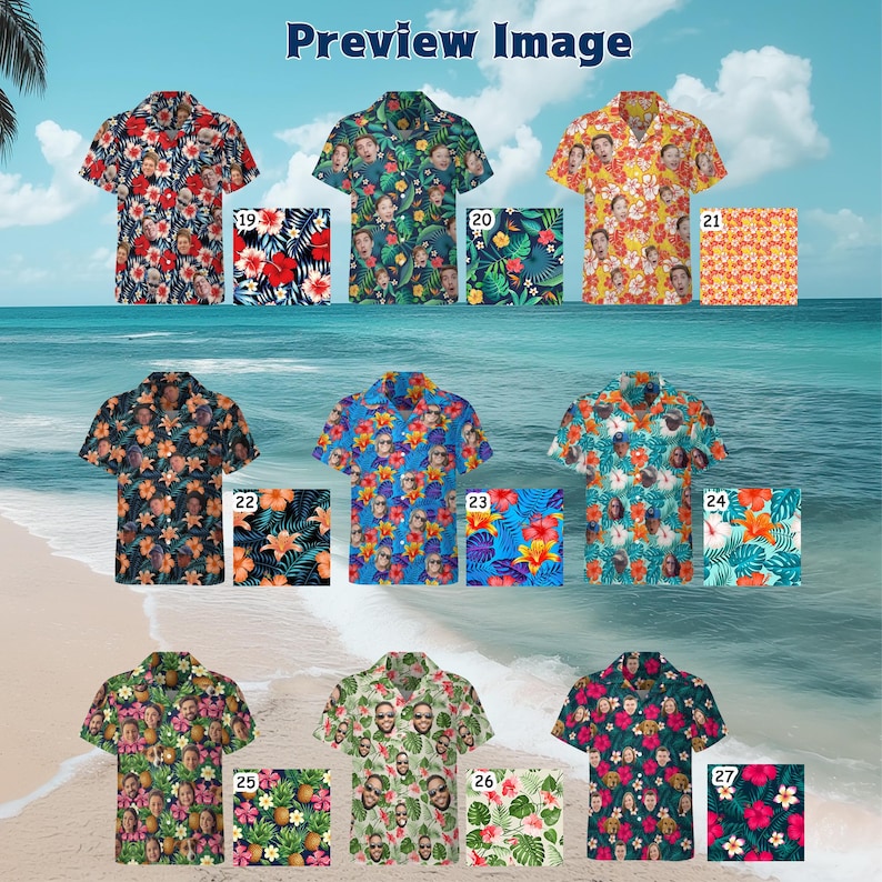 Puede incluir: Nueve camisas hawaianas diferentes con varios patrones florales tropicales y la cara de una persona repetida en todo el dise&ntilde;o. Cada camisa se muestra con una muestra de tela a juego.