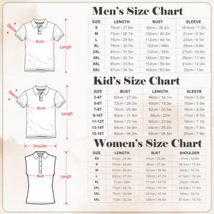 May include: Size charts for men's, women's, and kid's clothing, including bust, length, and sleeve measurements in inches and centimeters. Charts include sizes XS to 5XL for men, XS to 4XL for women, and sizes 3-4T to 15-16T for kids.