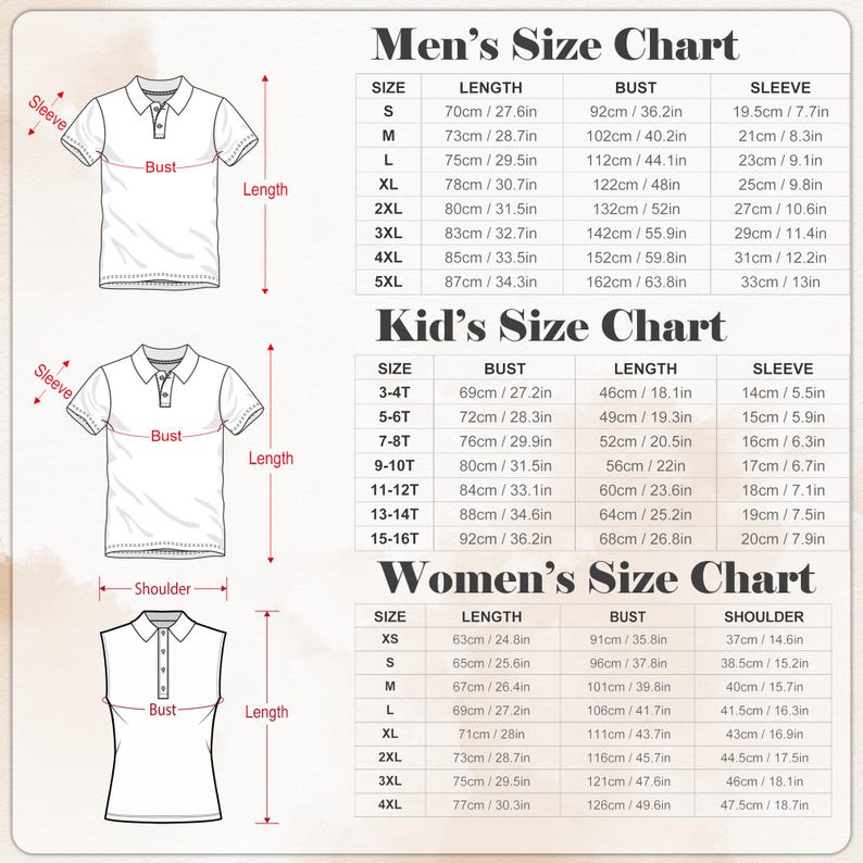 May include: Size charts for men's, women's, and kid's clothing, including bust, length, and sleeve measurements in inches and centimeters. Charts include sizes XS to 5XL for men, XS to 4XL for women, and sizes 3-4T to 15-16T for kids.