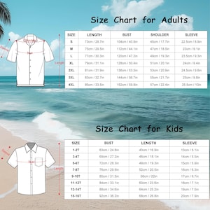 Puede incluir: Tabla de tallas para camisas para adultos y ni&ntilde;os. La tabla muestra las medidas en pulgadas y cent&iacute;metros para el busto, la longitud, el hombro y la manga.