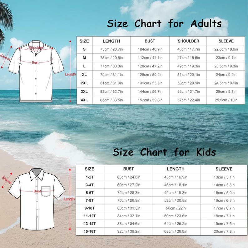 Puede incluir: Tabla de tallas para camisas para adultos y ni&ntilde;os. La tabla muestra las medidas en pulgadas y cent&iacute;metros para el busto, la longitud, el hombro y la manga.